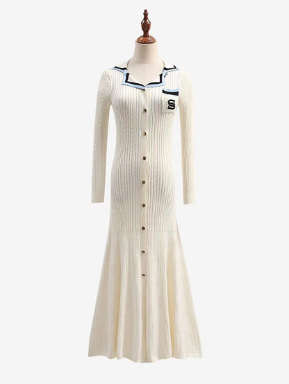 Letter Single Breasted Long Sleeve Vintage Sweater Dress