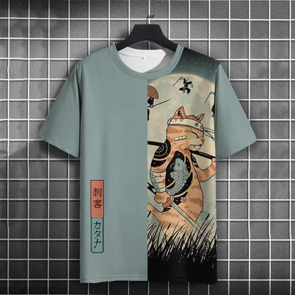 Unisex Japanese Samurai Cat 3D Printed T-shirt