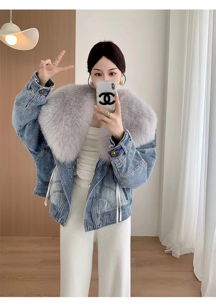 Luxury Women's Fox Fur Collar Goose Down Denim Jacket