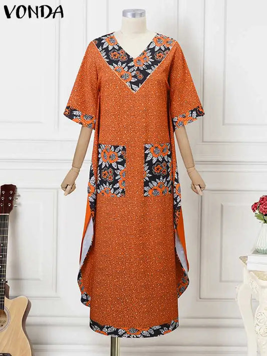 VONDA Bohemian V-Neck Maxi Sundress