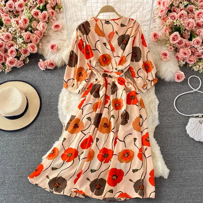 Women's Floral Chiffon Midi Dress – V-Neck Summer Elegance
