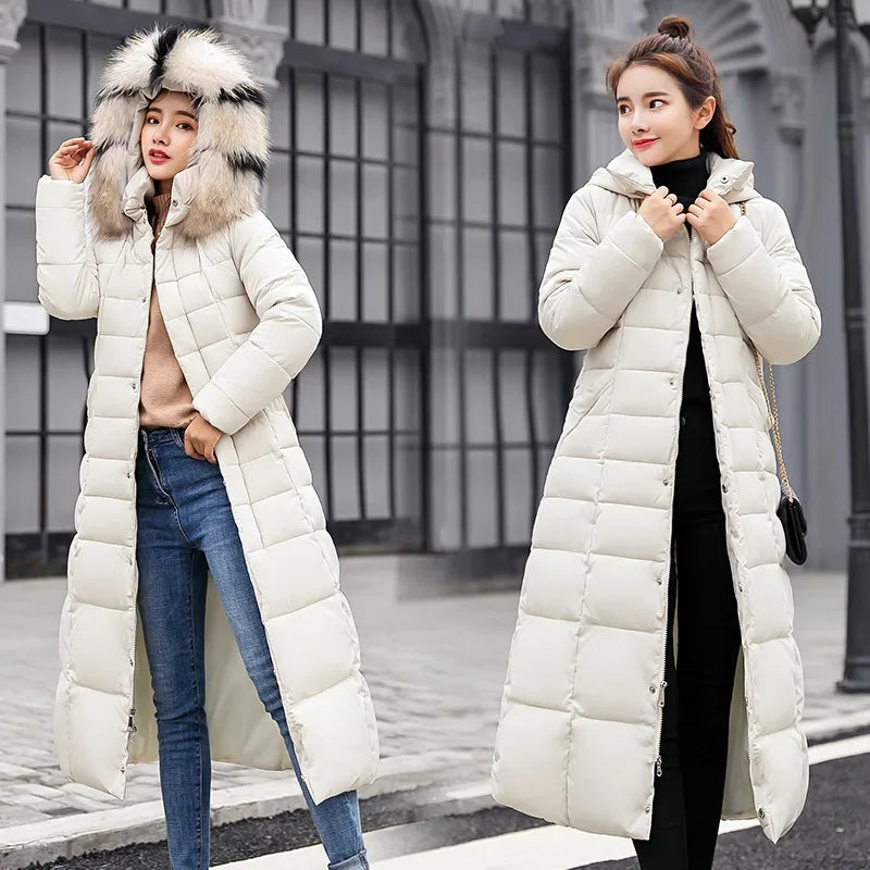 Women's Long Over-Knee Winter Parka with Fur Hood