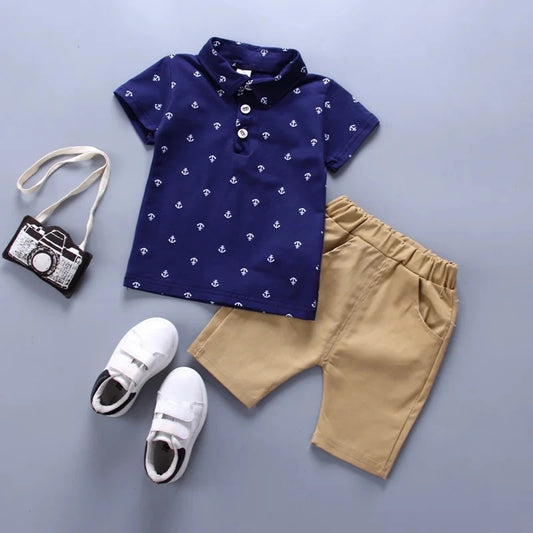2PCS Baby Summer Set – Boys' Boat & Anchor Print Short Sleeve & Shorts