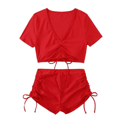 Women’s V-Neck Bikini Set with High Waist Drawstring Swim Shorts