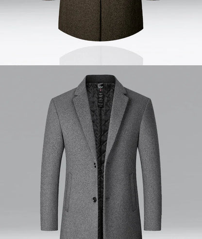 BROWON Men's Solid Color Woolen Trench Coat