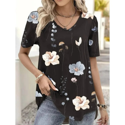Women’s 3D Flower Print V-Neck Oversized Summer Tee