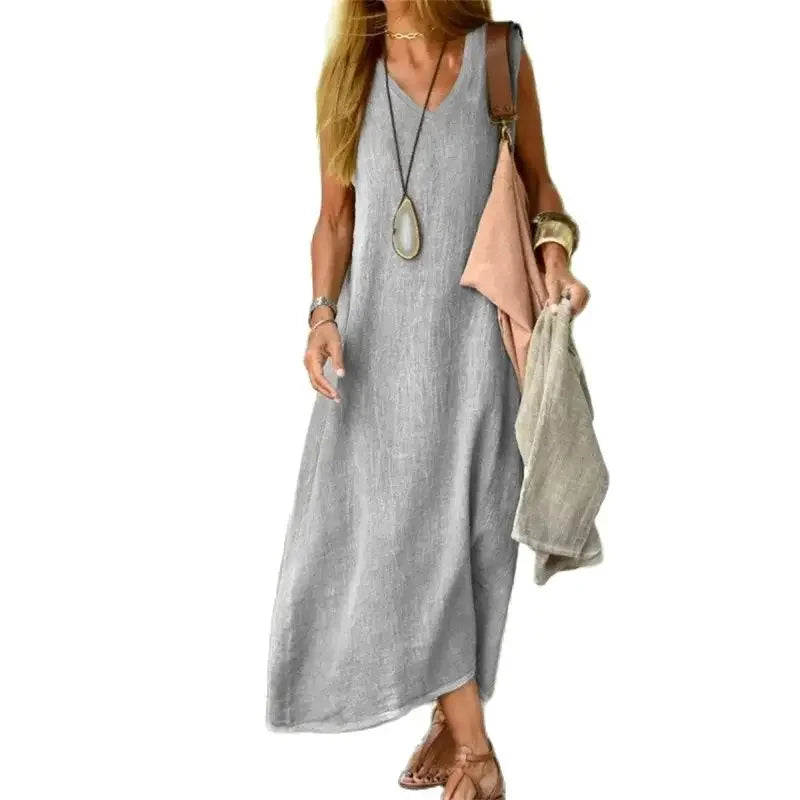 Cotton Linen Sleeveless V-Neck Dress