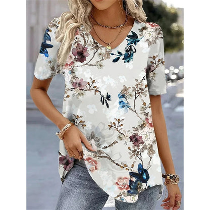 Women’s 3D Flower Print V-Neck Oversized Summer Tee