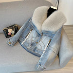 Luxury Women's Fox Fur Collar Goose Down Denim Jacket