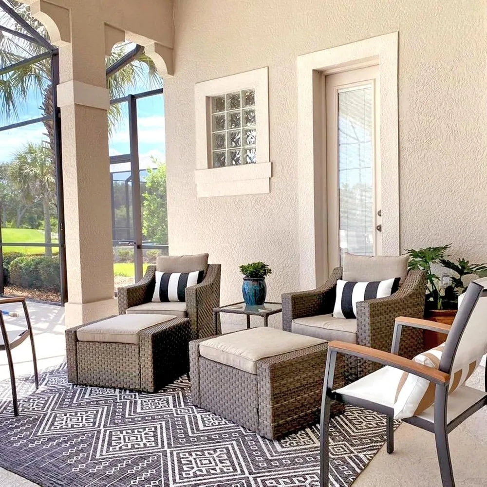 Wicker Lounge Chairs, Ottoman, Loveseat, and Glass Coffee Table