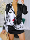 Casual Letter Print Long Sleeve Shirt Dress with Turn-down Collar