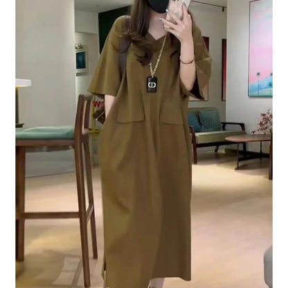 Women's Oversized V-Neck Korean Summer Dress with Pockets