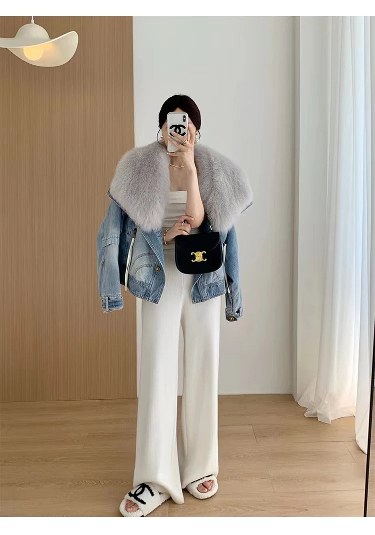 Luxury Women's Fox Fur Collar Goose Down Denim Jacket