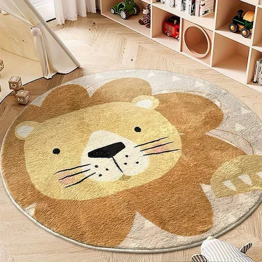 Round Cartoon Lion Rug for Kids Room – Soft Fluffy Plush Carpet